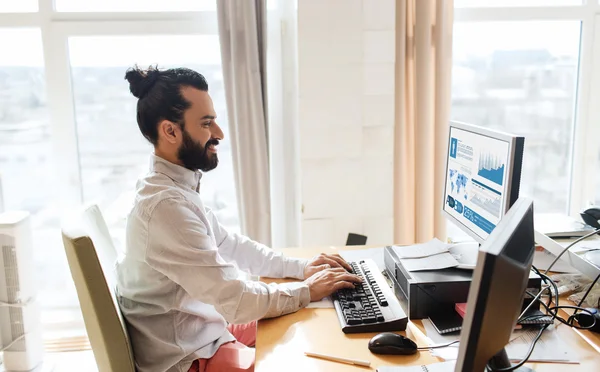 Bilgisayar ile mutlu yaratıcı erkek ofis çalışanı — Stok fotoğraf