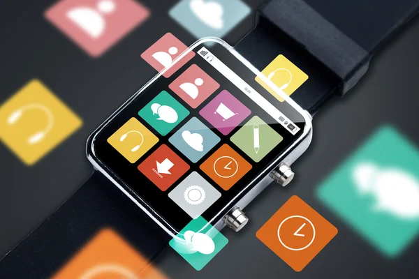Elegancki zegarek z menu ikony na ekranie z bliska — Zdjęcie stockowe