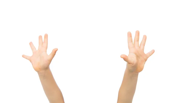 Close up of little child hands raised upwards — Stock Photo, Image