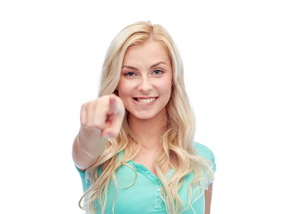 De wijzende vinger gelukkig jongedame aan u — Stockfoto