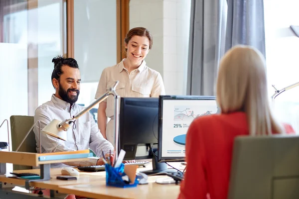 Glückliches Kreativteam mit Computern im Büro — Stockfoto