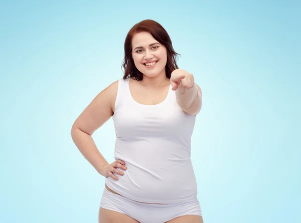 Plus size woman in underwear showing — Stock Photo, Image