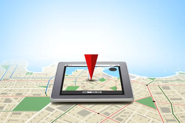 Tablet pc with gps navigator map on screen — 图库照片