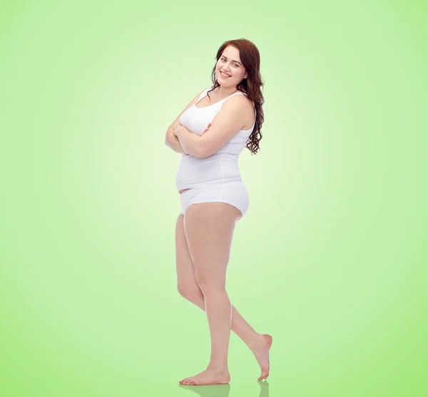 Happy plus size woman in underwear — Stock Photo, Image