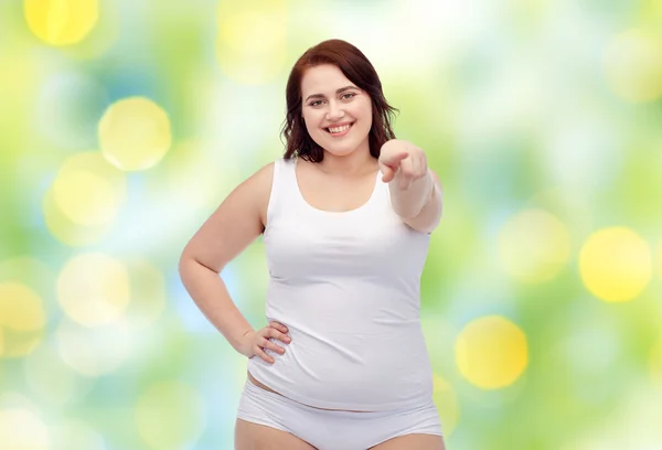 Plus size woman in underwear showing — Stock Photo, Image