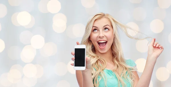 Happy young woman or teenage girl with smartphone — Stock Photo, Image