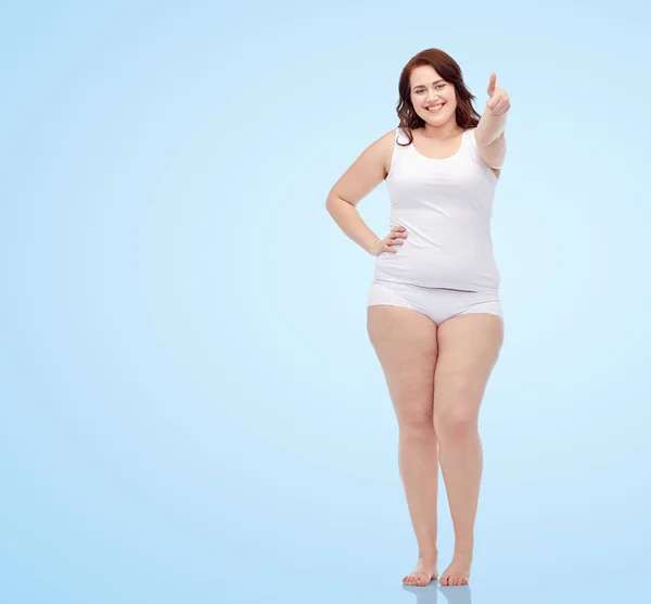 Plus size kvinna i underkläder visar tummen — Stockfoto