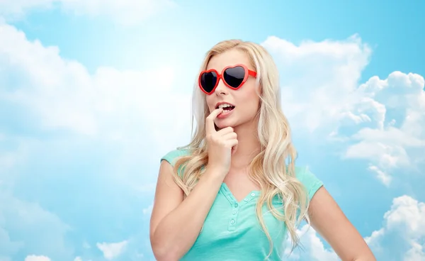 Happy young blonde woman or teenager in sunglasses — Stock Photo, Image