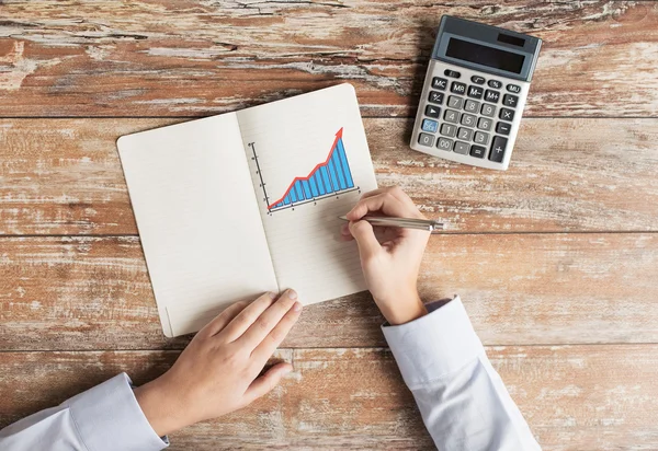 Perto de mãos com calculadora e caderno — Fotografia de Stock