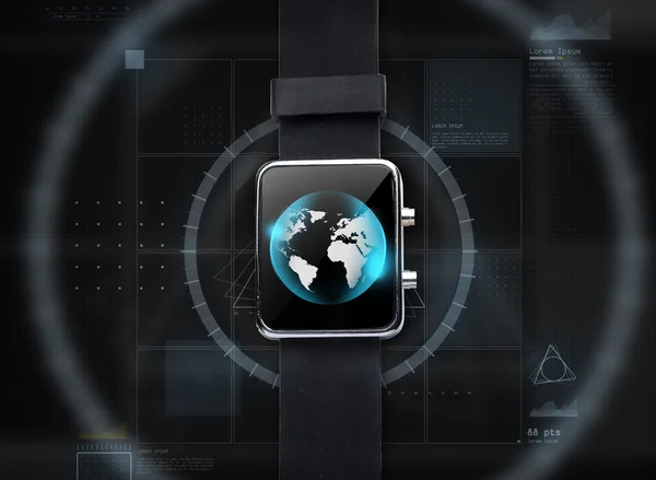 Närbild på Black Smart Watch med World Globe — Stockfoto