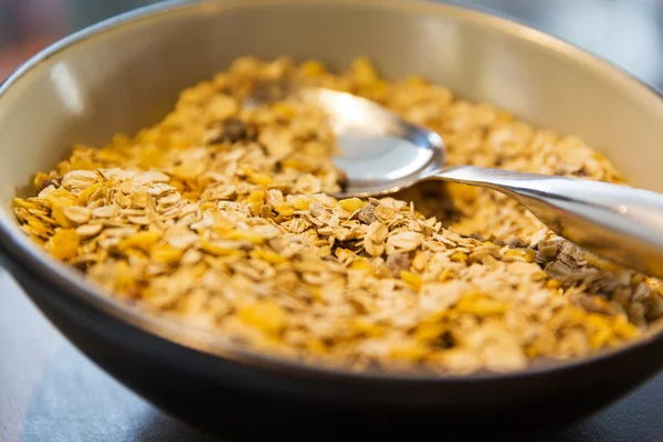 Menutup mangkuk dengan granola atau muesli dan sendok — Stok Foto