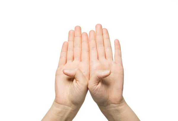 Närbild av två händer som visar åtta fingrar — Stockfoto