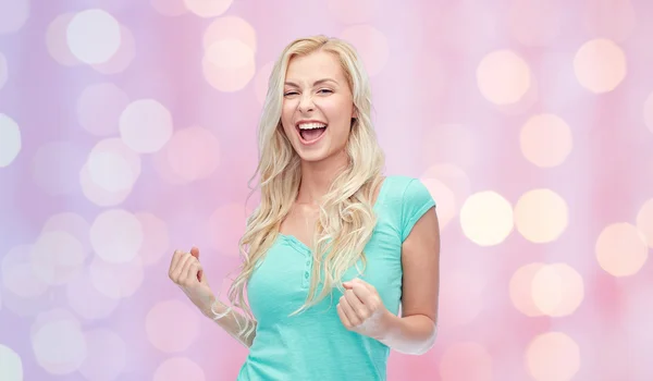 Happy young woman or teen girl celebrating victory — Stock Photo, Image