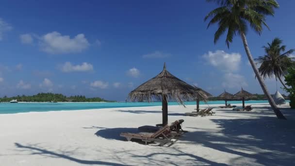 Palapa and sunbeds by sea on maldives beach — стоковое видео