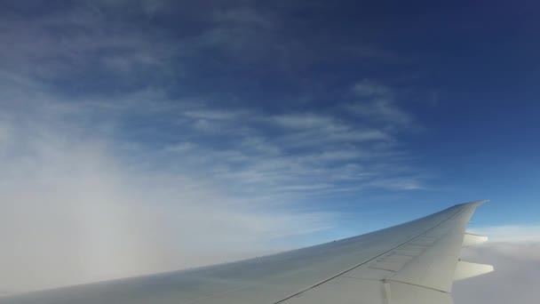 Mavi gökyüzünde uçan uçağın kanat — Stok video