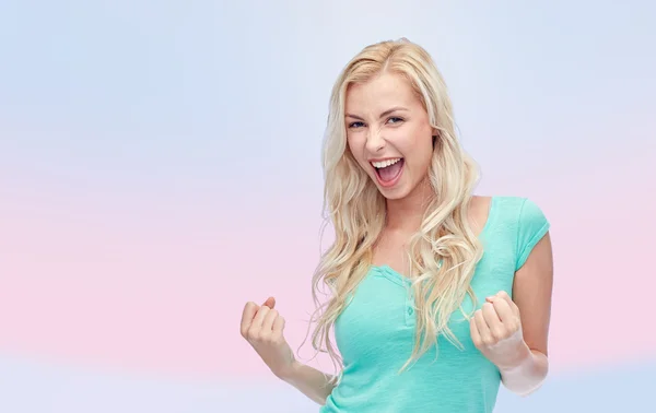 Happy young woman or teen girl celebrating victory — Stock Photo, Image