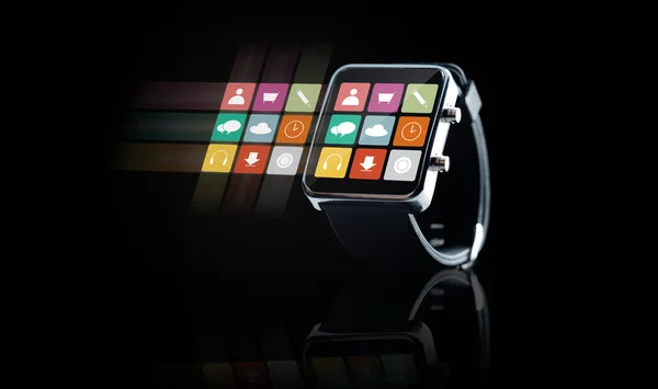 Bliska czarny elegancki zegarek z ikony aplikacji — Zdjęcie stockowe