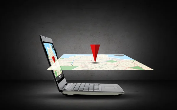 Laptop computer with gps navigator map on screen — Stock Photo, Image