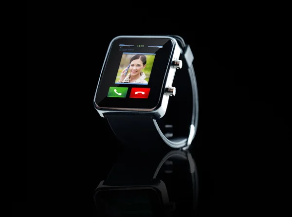 Close up of black smart watch with incoming call — Stock Photo, Image