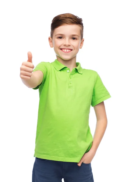 Happy boy in green polo t-shirt showing thumbs up — Stock Photo, Image