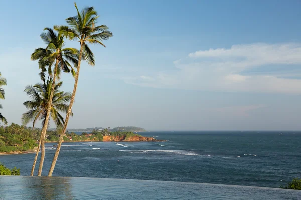 Uitzicht vanaf infinity rand zwembad naar Oceaan en palmen — Stockfoto