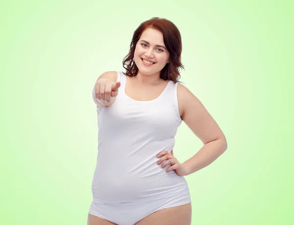 Plus size kvinna i underkläder pekar finger — Stockfoto