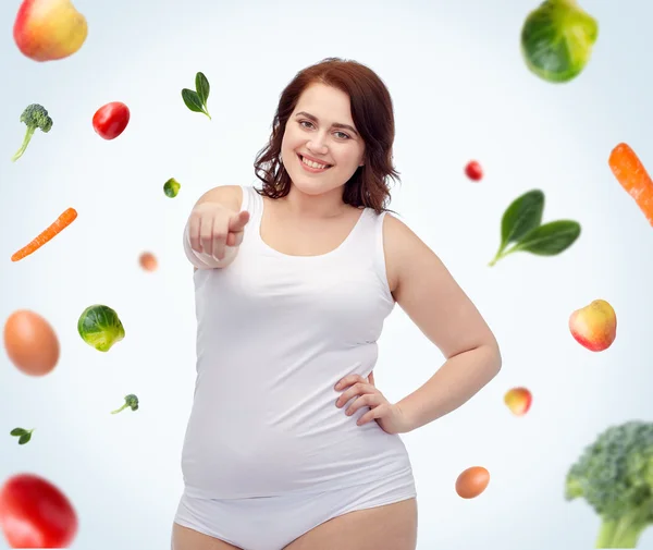 Plus size woman in underwear pointing on you — 스톡 사진