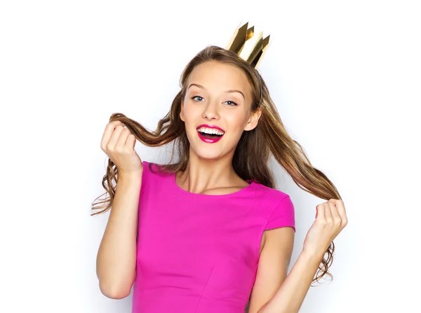 Happy young woman or teen girl in pink dress — Stock Photo, Image