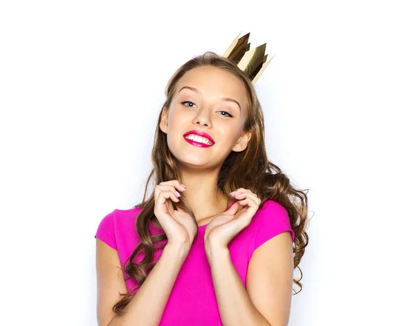 Happy young woman or teen girl in pink dress — Stock Photo, Image