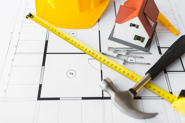 Close up of house blueprint with building tools — Stock Photo, Image