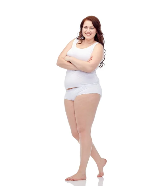 Glada plus size kvinna i underkläder — Stockfoto