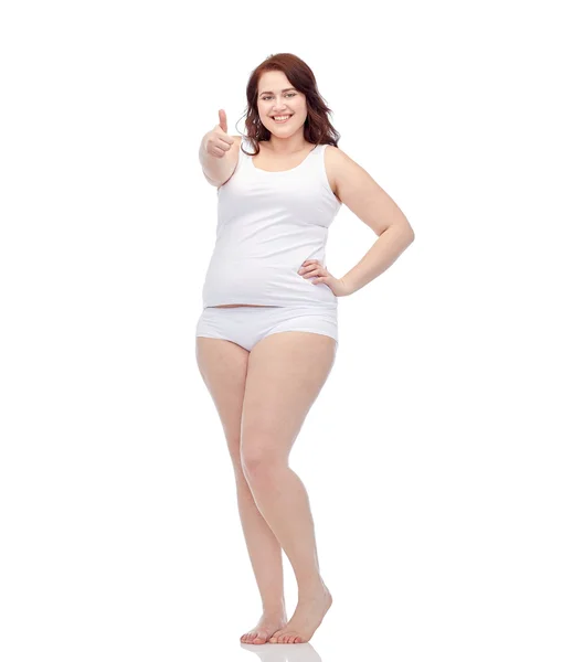 Plus size woman in underwear showing thumbs up — Stock Photo, Image