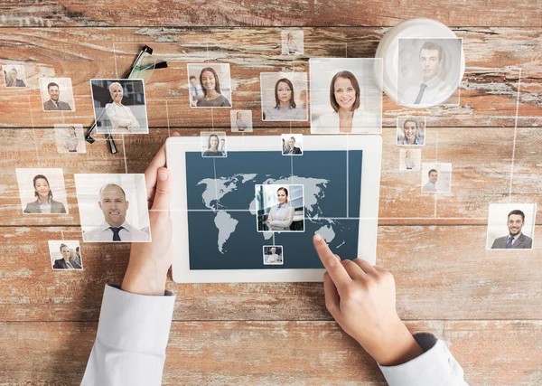 Close up of hands with tablet pc and network — Stock Photo, Image