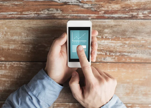 Close up of male hands with smartphone on table — Stock Photo, Image