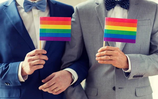Närbild av manliga homosexuella par som håller regnbågsflaggor — Stockfoto
