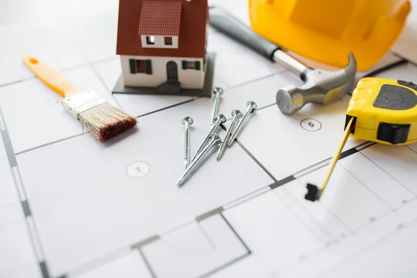 Close up of house blueprint with building tools — Stock Photo, Image