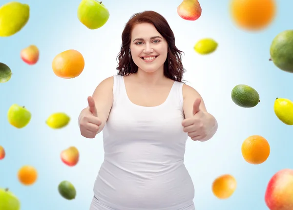 Plus size woman in underwear showing thumbs up — Stock Photo, Image