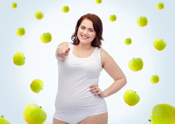 Plus size woman in underwear pointing on you — Stock Photo, Image