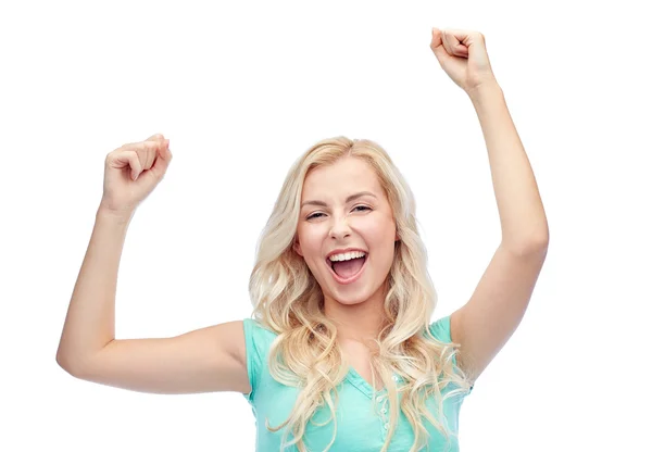 Felice giovane donna o ragazza teenager che celebra la vittoria — Foto Stock