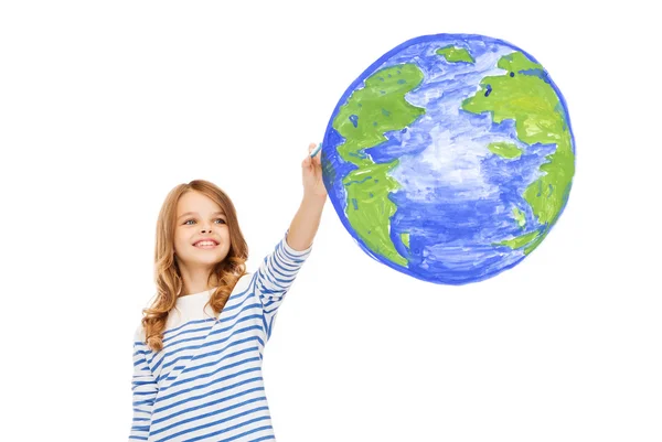 Chica dibujando planeta tierra en el aire — Foto de Stock