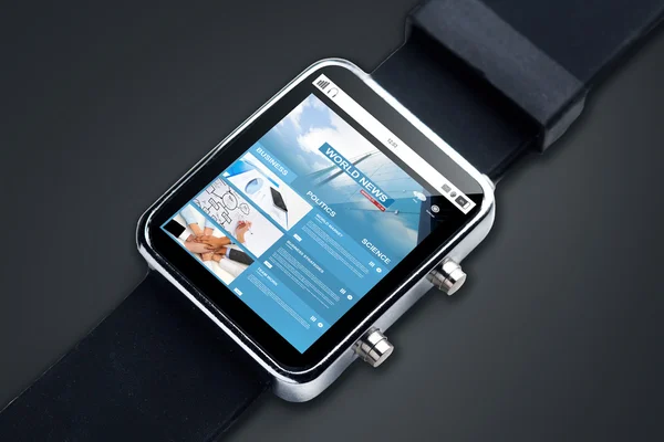 Close up of smart watch with web news on screen — Stock Photo, Image