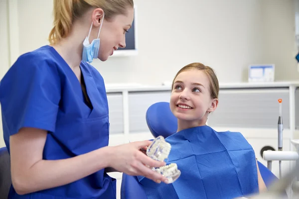 Feliz dentista mostrando modelo de mandíbula a paciente chica —  Fotos de Stock