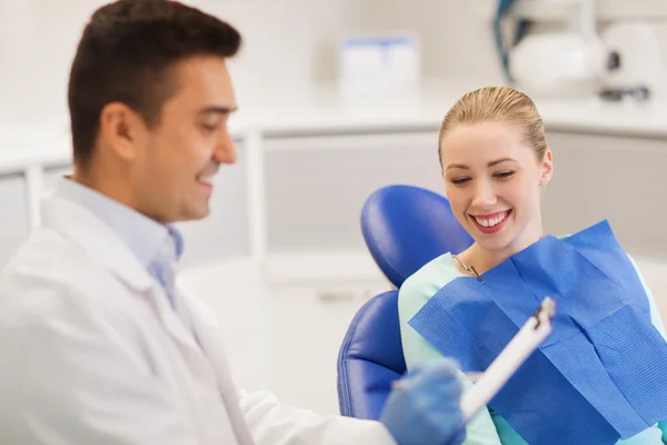 Szczęśliwy dentysta mężczyzna z kobietą pacjenta w klinice — Zdjęcie stockowe