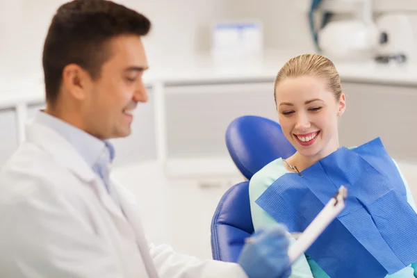 Dentista masculino feliz com paciente mulher na clínica — Fotografia de Stock