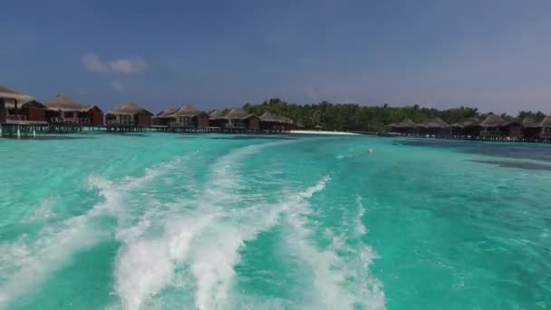 Bungalow hutten in zee op tropische resort strand — Stockvideo