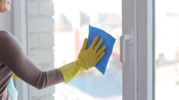Жінка в рукавичках прибирає вікно ганчіркою — стокове відео
