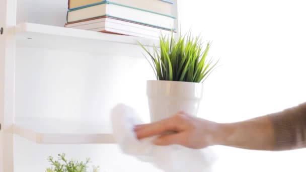 Woman with duster cleaning shelf from dust at home — Stock Video