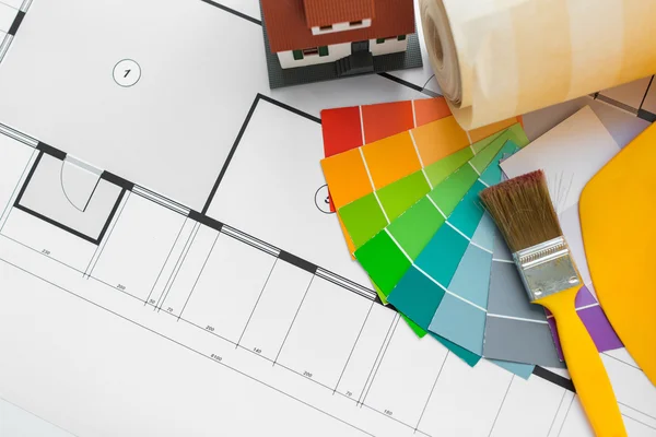 Close up of house blueprint with building tools — Stock Photo, Image