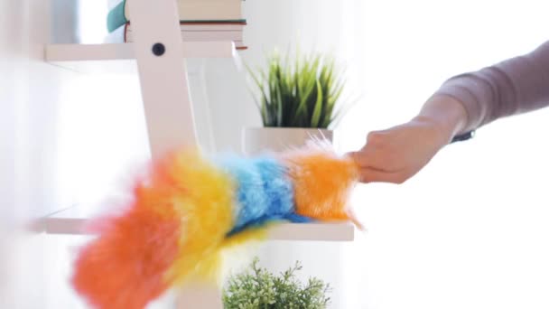 Mulher com poeira limpeza poeira da prateleira em casa — Vídeo de Stock