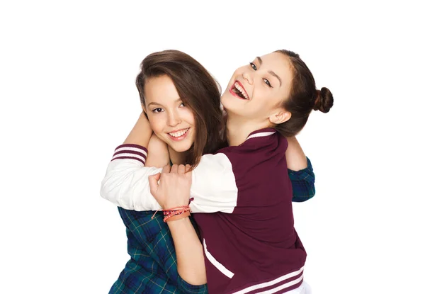 Happy smiling pretty teenage girls hugging — Stock Photo, Image